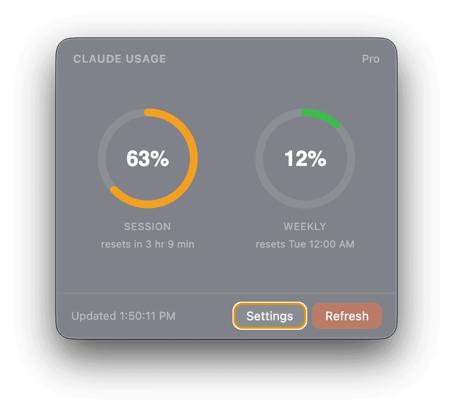Claude Usage Bar popup showing session and weekly usage circular gauges