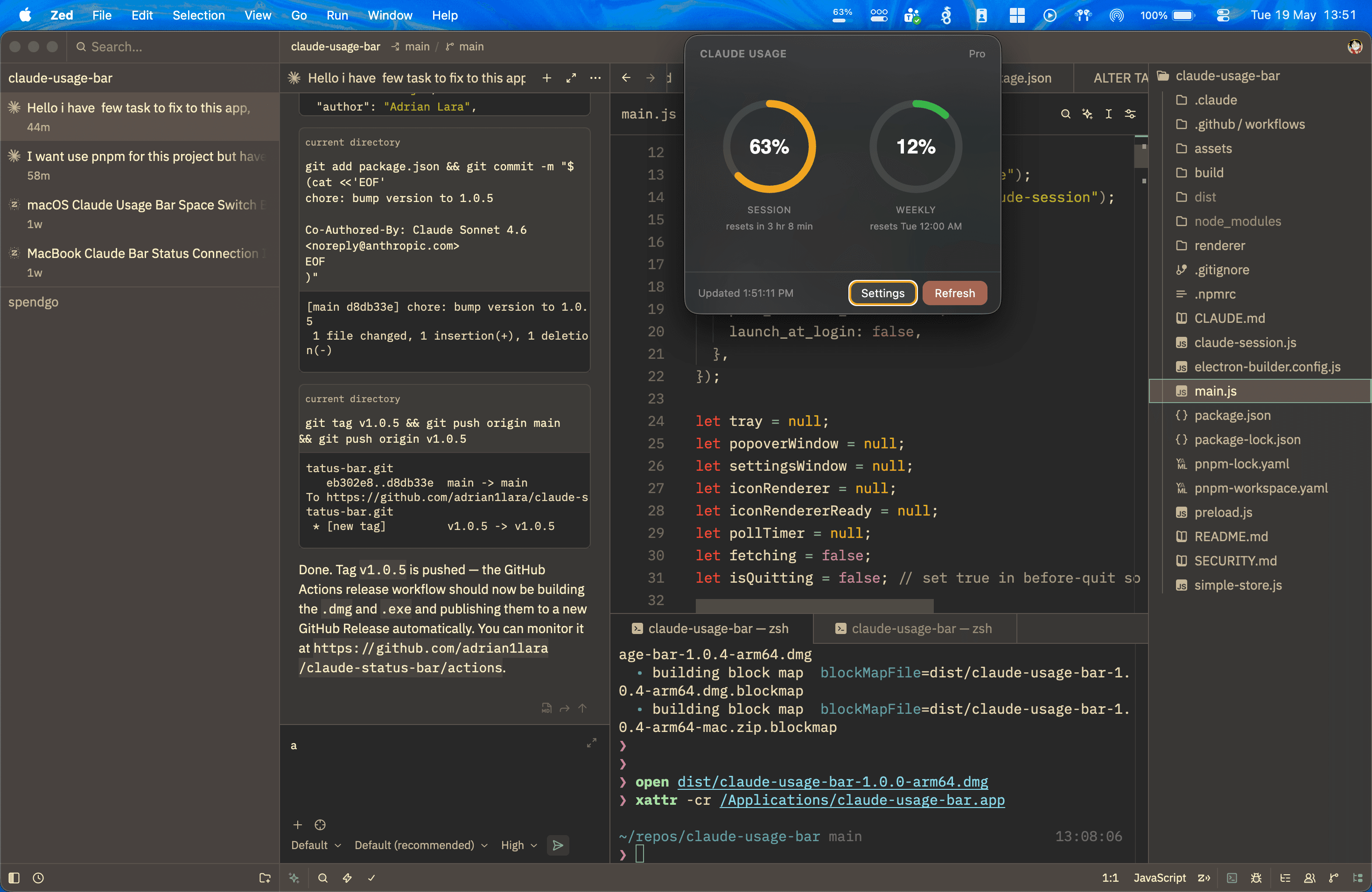 Claude Usage Bar shown alongside a real development session in Zed editor