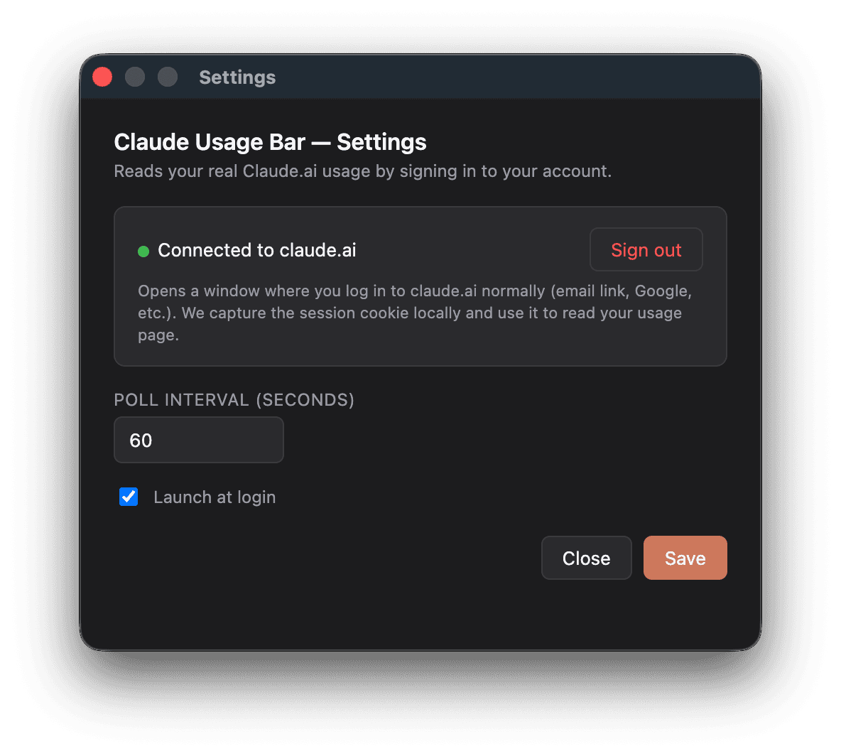 Claude Usage Bar settings panel showing connection status and poll interval